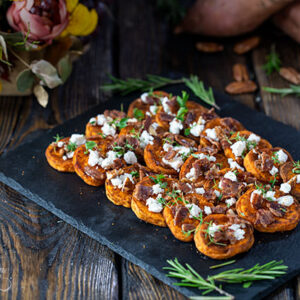 Roasted Sweet Potatoes with Goat Cheese and Candied Bacon
